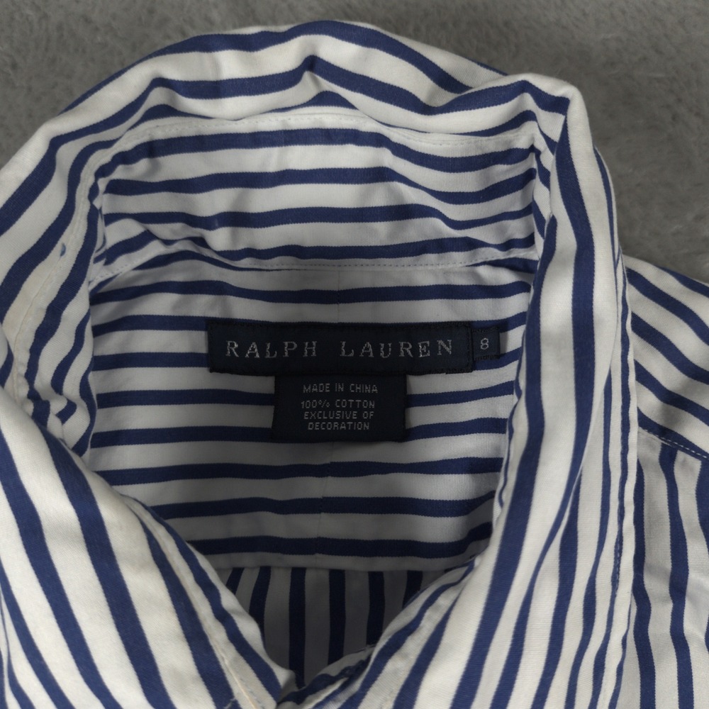 Ralph Lauren Shirt Womens 8 Blue White Striped Yachting Crest Button Up Nautical - Picture 5 of 16